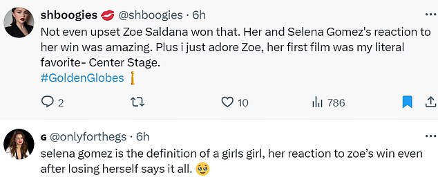 Another fan, @shboogies, added: 'Not even angry Zoe Saldana won that. Her and Selena Gomez's reaction to her win was amazing. Also, I love Zoe, her first movie was literally my favorite: 