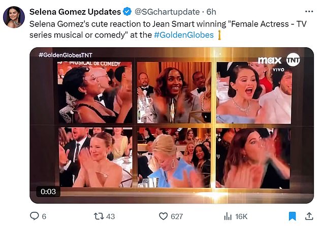 'Selena Gomez's cute reaction to Jean Smart's victory "Female Actress - Musical or comedy television series." in the #GoldenGlobes', he said