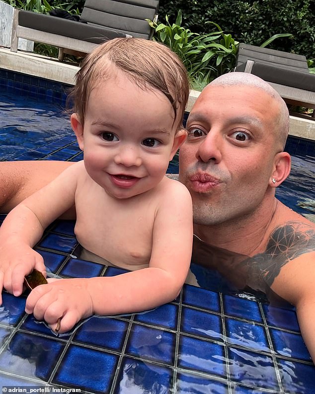 The last photo showed the father and son duo smiling and pouting while swimming in their backyard pool.