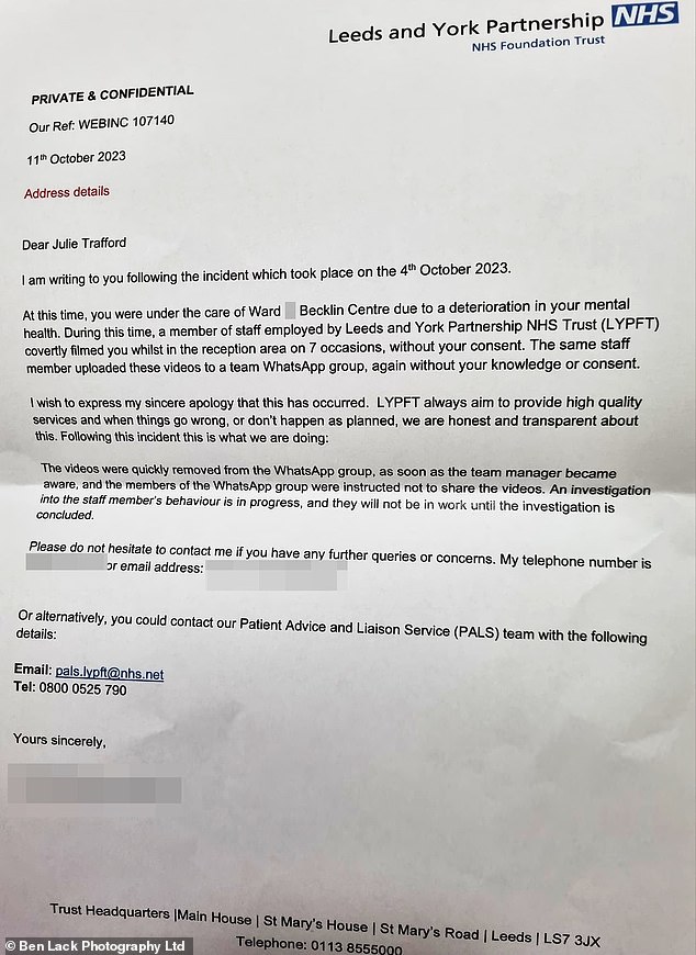 Pictured: A letter Julie received from the NHS about being filmed without her consent.