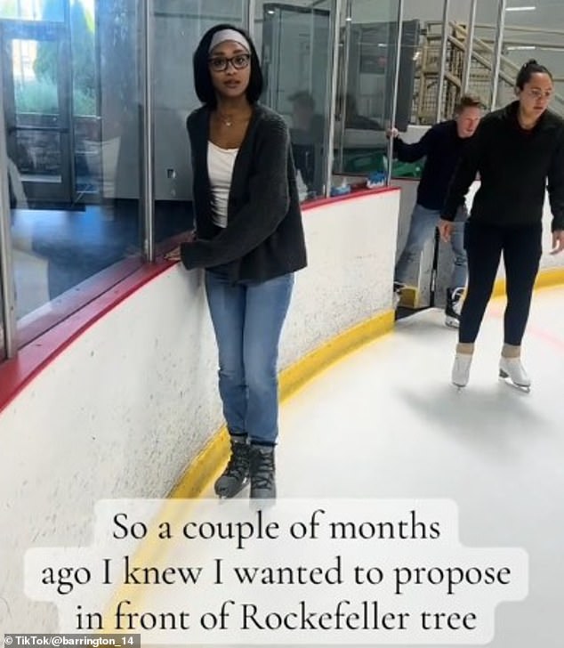 Barrington Dave, 29, from Dallas, Texas, explained on TikTok that he wanted to propose to his girlfriend, Kennedy Kinnard, at the ice skating rink in front of the stunning Rockefeller tree.