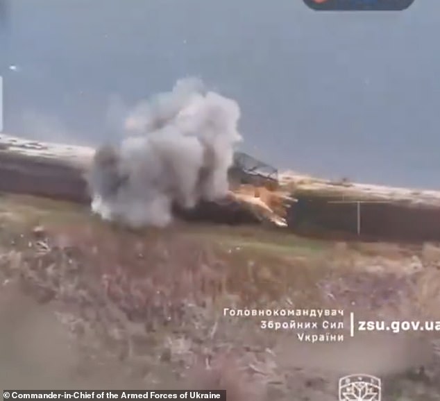 Ukrainian drones were seen in footage targeting the defenseless tank