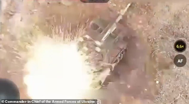 The tank was continuously attacked by Ukrainian drones as the vehicle became an easy target after becoming trapped.