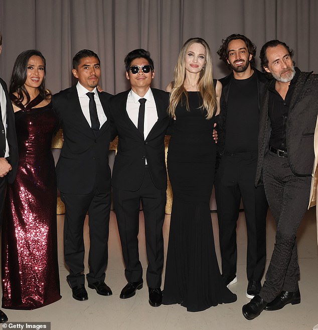 (LR) Salma, Jorge Antonio Guerrero, Pax, Angelina, Patricio Josa, Demian Bichir at the premiere of Sin sangre during the 2024 Toronto International Film Festival in September