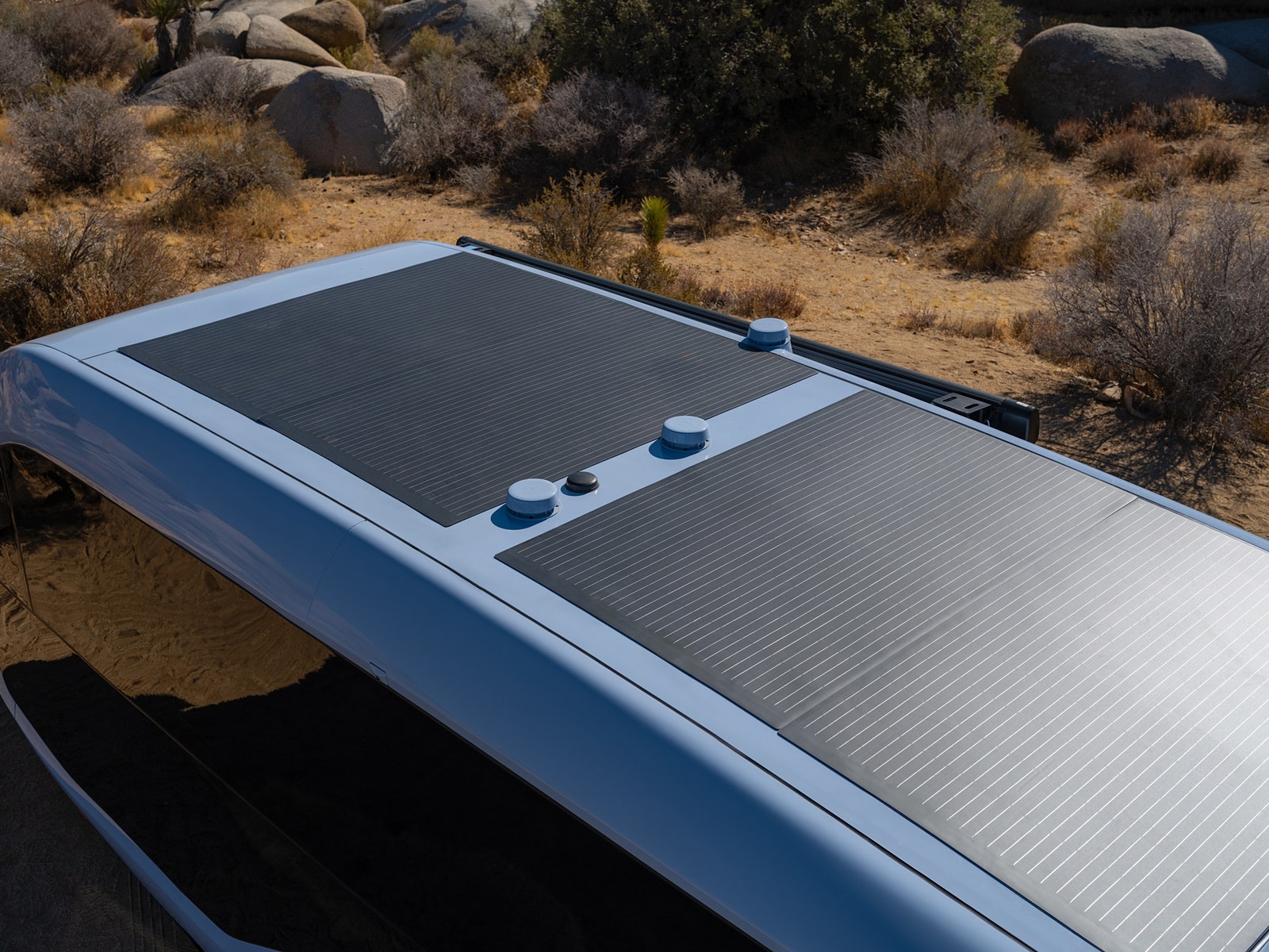 A press image of the solar panel roof of Pebble's new electric motorhome