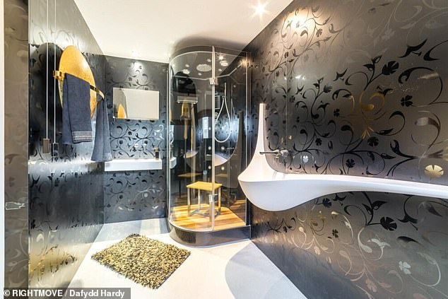 The house has a total of three bathrooms and there is another with black patterned walls that also has a peculiarly designed sink that takes up the entire wall.