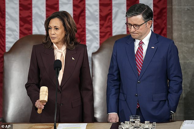 Vice President Kamala Harris (left) gives the gavel in the joint session of Congress to certify the victory of President-elect Donald Trump along with newly re-elected Speaker of the House of Representatives Mike Johnson (right)