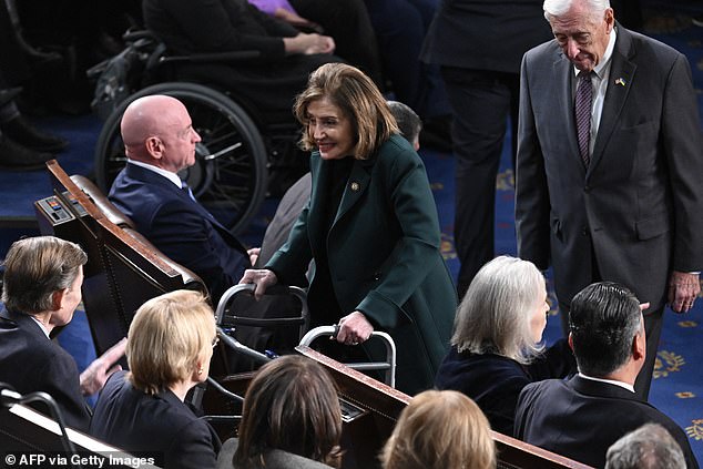 Representative Nancy Pelosi, Democrat of California, arrives before a joint session of Congress to certify the results of the 2024 presidential election using a walker