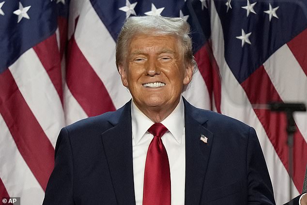 President-elect Donald Trump is pictured at an election night watch party, Wednesday, November 6, 2024, in West Palm Beach, Florida