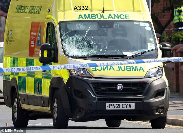 Saul Cookson died after riding his Sur-Ron electric bike through bollards onto a main road where he collided with an ambulance in Salford, Greater Manchester, in June 2023. Pictured, the parked ambulance hit by Saul