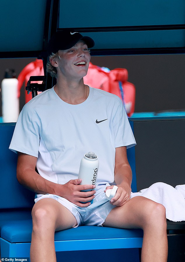 Cruz Hewitt is pictured during his training session in Melbourne with Jannik Sinner. A photo he posted of himself with the world number one left Kyrgios unimpressed.