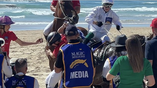 She was knocked to the side and visibly shaken as the rider in charge of the steed in question attempted to regain control of the animal.