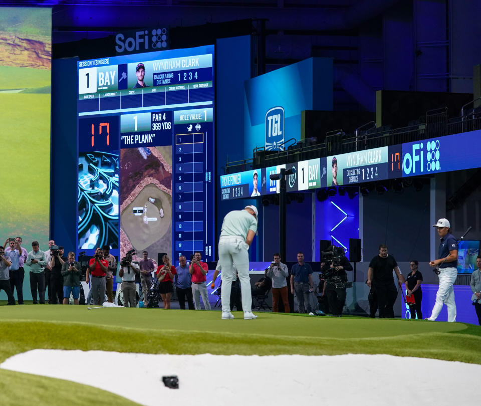 The SoFi Center putting green is equipped with hydraulic systems to mimic undulation in multiple configurations. (Courtesy of TGL)