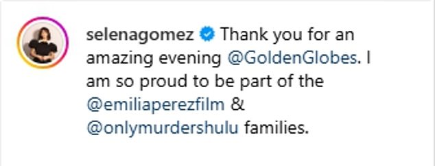 Hours earlier, Selena posted an Instagram slideshow of Golden Globes moments with the caption: 