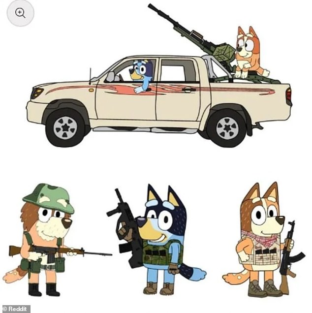 An Australian artist and online retailer has been criticized for selling stickers depicting the family from beloved children's show Bluey holding guns and wearing tactical gear (pictured).