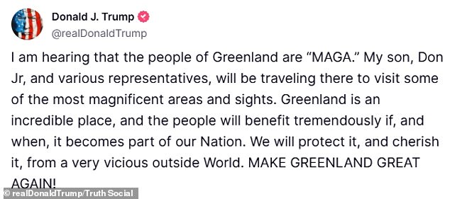 'I hear the people of Greenland are "MAGA,"Trump claimed while confirming that his son, Donald Trump Jr., and others from the US would travel to the island