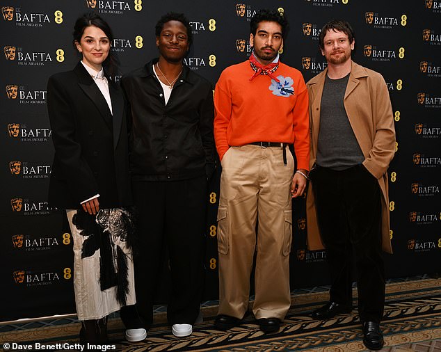 Nominees Marisa Abela, David Jonsson and Nabhaan Rizwan pose with former winner Jack O'Connell