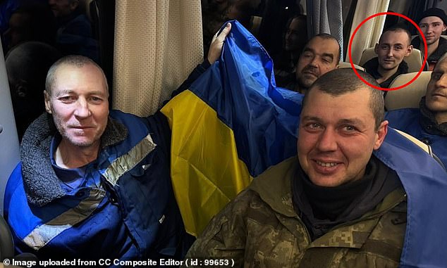 Roman Biletskiy Jr., a Ukrainian soldier who has been a Russian prisoner of war for more than two years, was finally freed last week in a prisoner exchange. He is pictured on a bus with dozens of other prisoners of war.