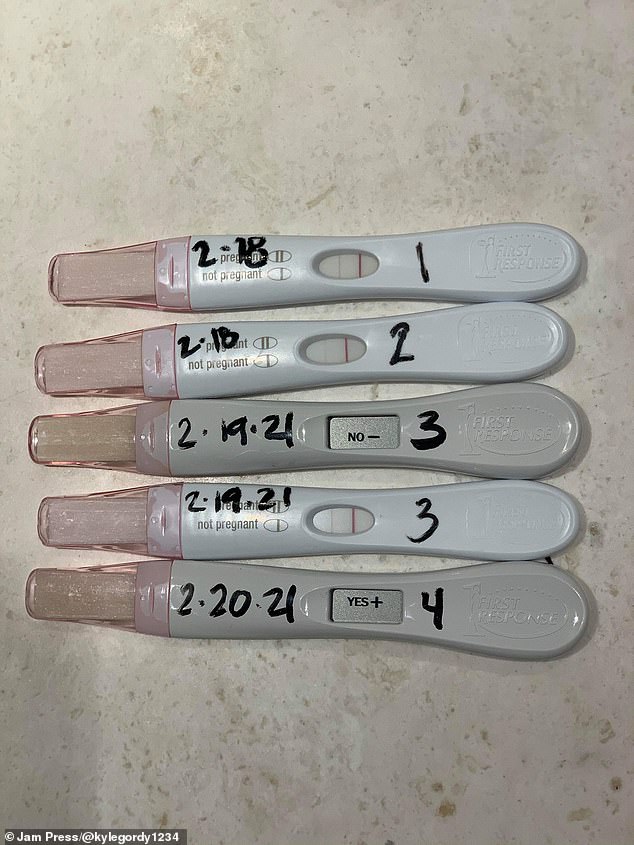 Pictured: Positive pregnancy tests from women who have used Kyle as a donor.