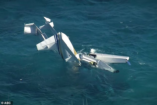 Four people, including three who suffered serious injuries, were rescued from the water and airlifted to hospital after the small plane crash (pictured).