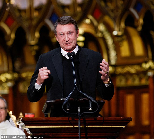 Three-time Stanley Cup champion Wayne Gretzky speaks during the state funeral of the late former Canadian Prime Minister Brian Mulroney at the Notre-Dame Basilica in Montreal.