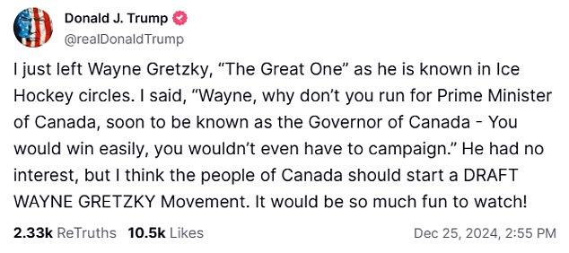 Trump previously named Gretzky as a possible prime minister, while again suggesting that Canada join the US.