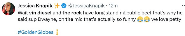 @JessicaKnapik said: 'Wait, vin diesel and rock have had a public beef for a long time, that's why he said support Dwayne, on the mic, that's actually so funny we love Petty.'