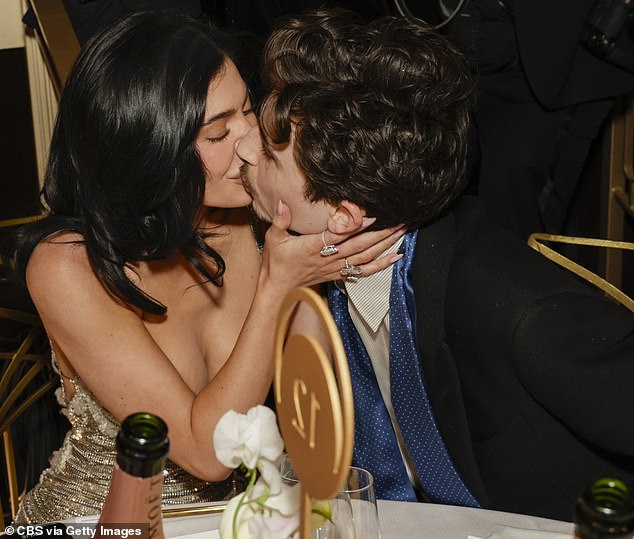 Inside the ceremony, Kylie, 27, was sitting right next to Timothee, 29, and the couple was even seen kissing on camera at their table.