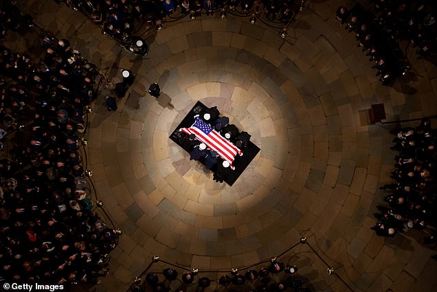 An overhead view of former President Carter's casket as it is carried into the Capitol Rotunda on January 7.