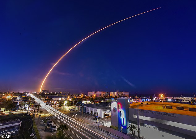 A SpaceX Falcon 9 rocket carrying Starlink satellites launches from Launch Complex 40 at Cape Canaveral Space Force Station.