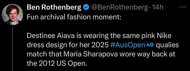 It came after Ben Rothenberg posted several images online showing that Aiava had worn a dress similar in style to the one Maria Sharapova wore at the 2012 US Open.