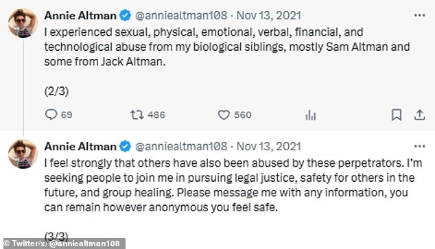 Ann Altman posted a thread on social media in 2021 in which she previously accused brothers Sam and Jack of 