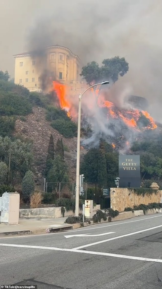 A disturbing video showed the fire creeping up the mountainside where the iconic museum is located - as eerie black smoke filled the air around the pristine white facade