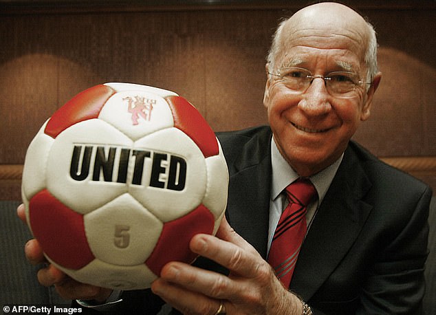 Sir Bobby Charlton (pictured holding a ball with United written on it during an interview with local press in a Hong Kong hotel in 2005) died, aged 86, with dementia in 2023.