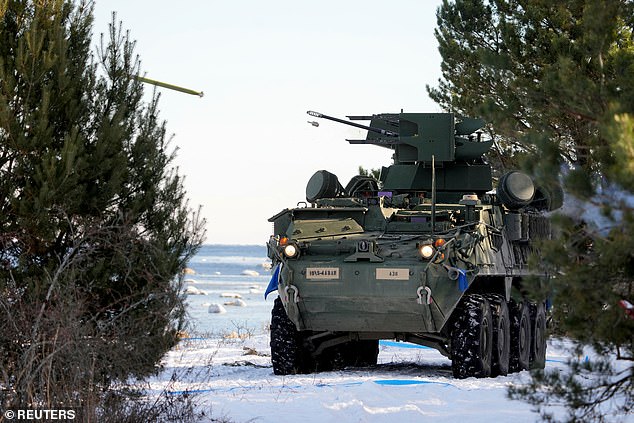 A Stryker armored fighting vehicle similar to the one used by Ukraine in Kursk. Footage shows Ukrainian troops shooting down Russian soldiers while driving the US-supplied vehicle.