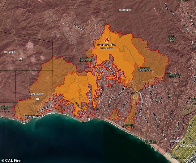 Affleck, 52, lives a short distance from his ex-wife, with whom he shares three children. Pictured: a map showing the extent of the forest fires