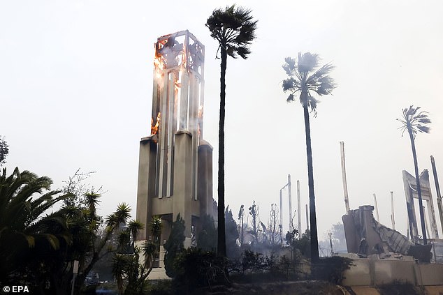 A church steeple burns as a result of the Palisades wildfire in Pacific Palisades