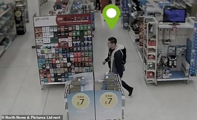 Here Dismore can be seen walking through Wilko, where he brought a parcel of steak knives, on the day of the attack.