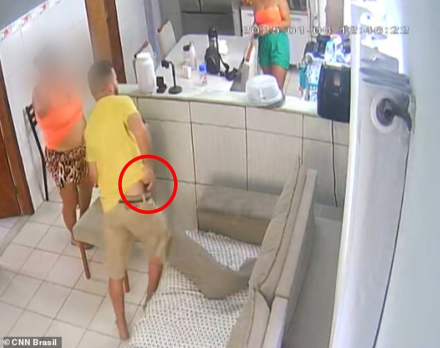 Brazilian Navy sailor Jailton Silva puts away his gun (circled) during an argument with his ex-wife Elaine Silva (top left) before shooting her to death and committing suicide at their former home in Rio de Janeiro on Monday.