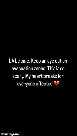 On Tuesday, as wildfires raged in Southern California, Vanessa posted a concerned message to her Insta Stories