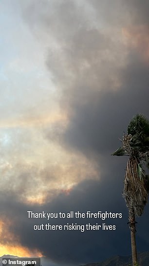 On Wednesday, she posted a photo of the smoke-filled skies in Los Angeles and wrote: 