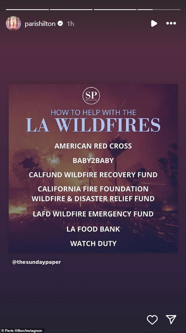 The reality star offered options on how to help, listing organizations like the American Red Cross, the Los Angeles Food Bank and the LAFD Wildfire Emergency Fund among the options.