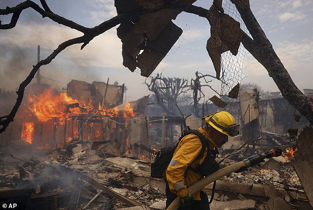 Despite working through the night, firefighters have failed to contain any of the fires that have burned nearly 25,000 acres of land in Southern California; Firefighters pictured putting out the fire on Wednesday