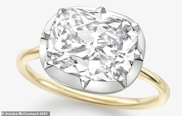 The ring is a five-carat 'East-West Cushion Diamond Button Back', according to multiple outlets, complete with a thin gold band.