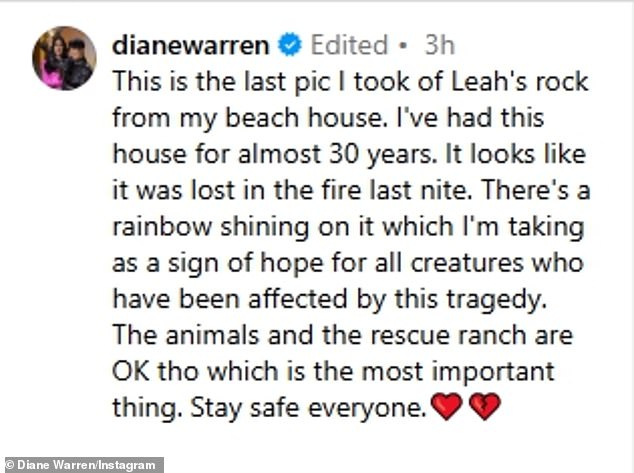 Diane wrote on Instagram: 'This is the last photo I took of Leah's rock from my beach house. I've had this house for almost 30 years. It appears he was lost in the fire last night. There is a rainbow shining on it, which I consider a sign of hope for all beings affected by this tragedy.”