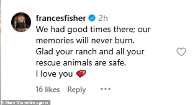 Diane's post received supportive responses from Titanic alumnus Frances Fisher, who wrote: 'We had good times there; our memories will never burn. Glad your ranch and all your rescue animals are safe. I love you'