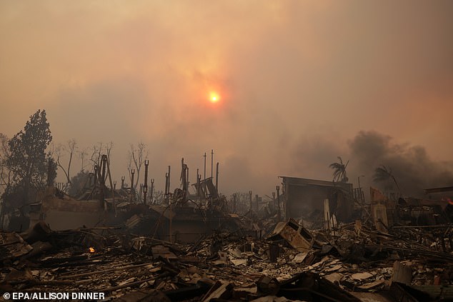 The City of Angels has been hit by intense Santa Ana winds exceeding 100 miles per hour in some areas, resulting in five raging wildfires that killed five people, destroyed more than 1,100 structures and forced 70,000 residents to evacuate ( Pacific Palisades pictured on Wednesday)