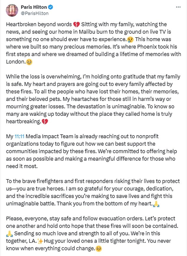 Hilton posted an emotional statement on social media Wednesday amid the fires.