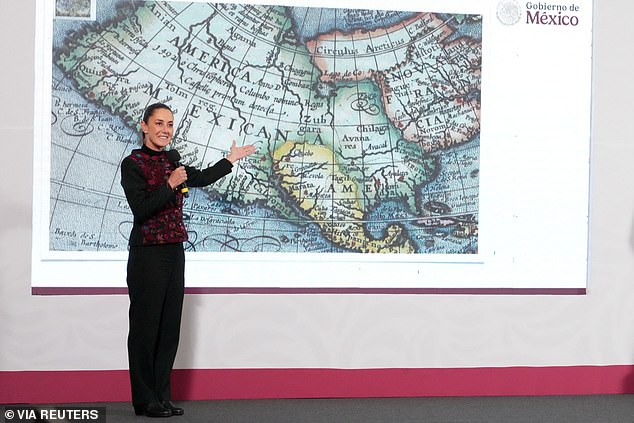 Mexican President Claudia Sheinbaum shows a 17th century world map showing North America during her press conference in Mexico City on January 8, after Trump said he wants to change the name of the Gulf of Mexico to 