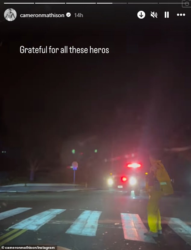 As he drove through the streets to find a safe area, he also greeted the firefighters who were guiding residents and added: 'Grateful for all these heroes.'